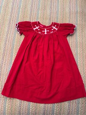Claire & Charlie Red Smocked Cross Holiday Bishop Dress Size 2 100% cotton